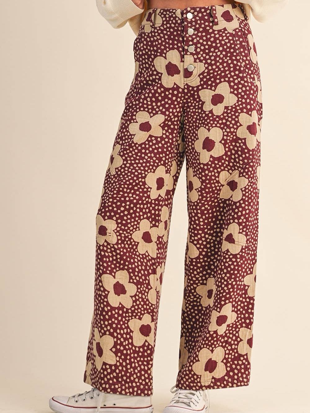 Wide-Leg Floral Print Pants - Burgundy/Cream